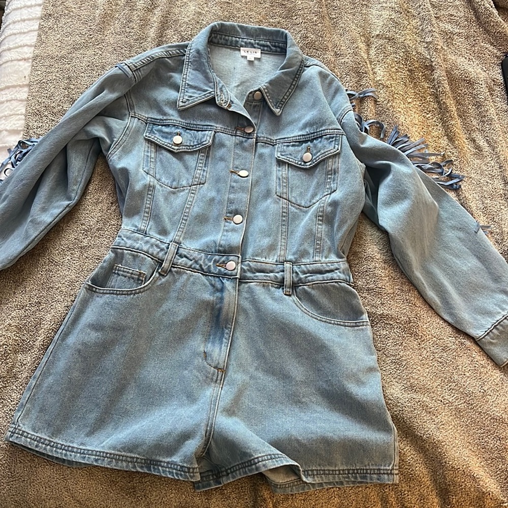 Fringe denim romper